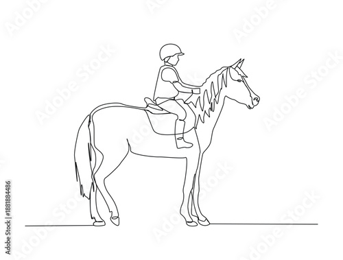Continuous one line art drawing of young boy riding horse vector illustration. Equestrian in action illustration Editable stroke.