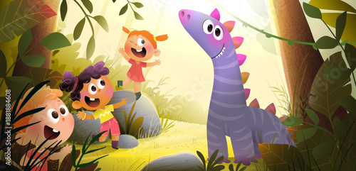 Colorful jungle scene with smiling children discovering a purple dinosaur in a sunlit forest. Jungle adventures of children meeting a dino among the trees. Vector cartoon fairytale scenery.