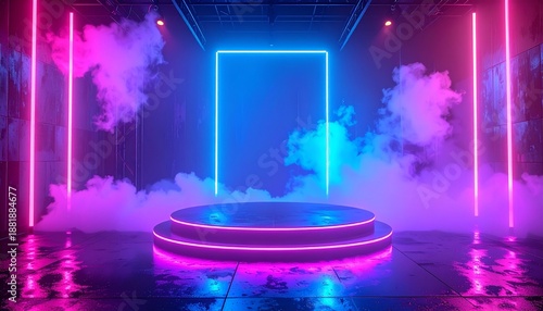 Magical 90s film vibe with neon-lit stage props and misty background, bold color pops,