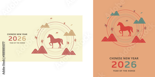 Manual Traced Vector Illustration of Chinese New Year 2026 Year of the Horse Illustration Set - Landscape and Portrait Bundle with Copy Space.