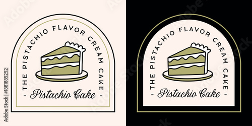 Pistachio cream layer cake nut butter flavor logo for homemade cheesecake label sticker packaging tag design. Fancy luxury retro green aesthetic creamy dessert slice drawing text illustration print.