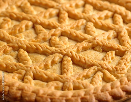Close Up Of Golden Brown Lattice Top Pie Crust Texture With Intricate Weave Pattern Illuminated By Soft Natural Light