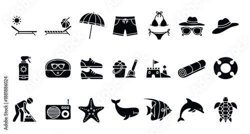 Comprehensive collection of various black summer beach vacation and sea life icons perfect for tropical travel advertising and holiday resort promotions