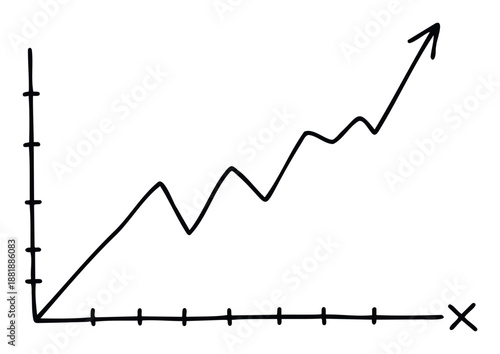 Hand drawn fluctuating line graph showing general upward trend and statistical growth, useful for business presentations, economic reports, and data visualization purposes