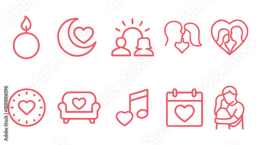 Red line icon set of love and romance symbols, minimalist vector illustrations featuring hearts, couples, date calendar, and romantic elements isolated on white background.