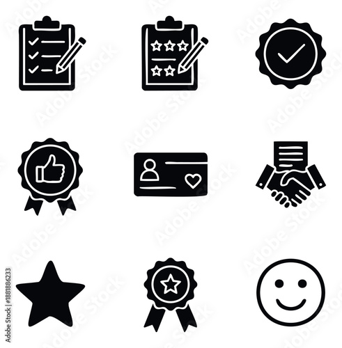 Collection of black and white icons representing customer satisfaction, service quality, positive feedback, and business agreement for various digital and print applications