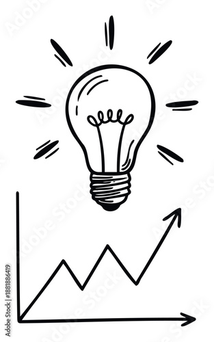 Hand drawn lightbulb representing an innovative idea and strategic solution, combined with an upward trending line graph illustrating business success and financial growth for presentations