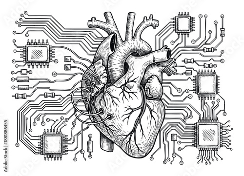Anatomical human heart integrated with microchips and circuit board pathways, perfect for showcasing advanced medical technology and scientific research publications.
