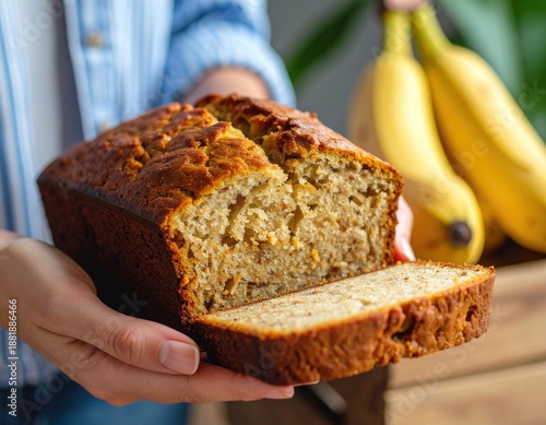 Golden Brown Homemade Banana Bread Loaf Held By Hands With Bunch Of Ripe Yellow Bananas In Wooden Crate Background Soft Natural Lighting