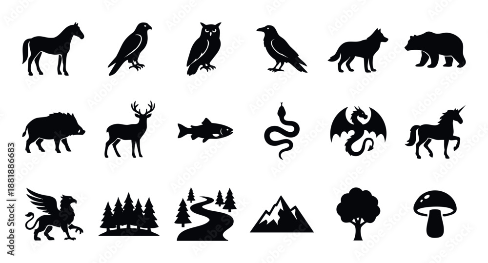 Fototapeta premium A versatile collection of nature and wildlife silhouettes featuring animals, mythical beasts, and landscape elements, ideal for graphic design projects and educational materials.