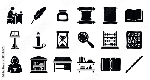 Collection of ancient tools for learning and writing depicting historical knowledge, monastic education, and scholarly pursuits perfect for educational resources and academic publications