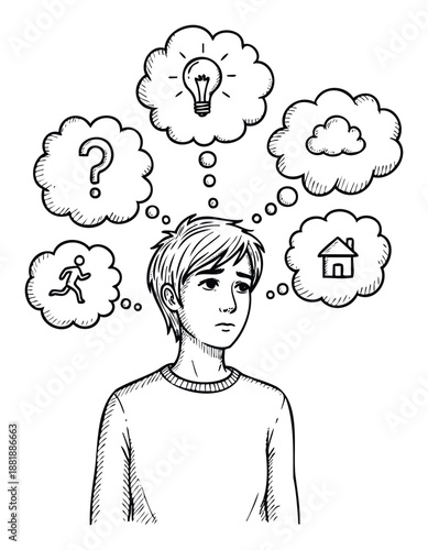 Pensive young adult contemplating different life aspects including problem solving, innovative ideas, future aspirations, active pursuits, and personal home choices.
