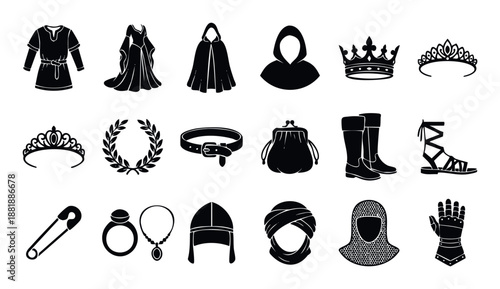 Extensive collection of historical period clothing, regal accessories, and protective armor silhouettes ready for costume design, education, and storytelling projects