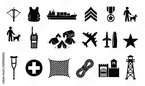 Collection of essential military and outdoor defense related icons representing equipment, symbols, and essential tools, suitable for graphic resource applications and informational web