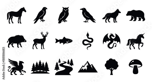 A versatile collection of nature and wildlife silhouettes featuring animals, mythical beasts, and landscape elements, ideal for graphic design projects and educational materials.