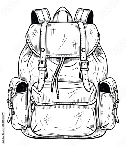 Hand drawn vintage style backpack perfect for outdoor adventure and travel themed content including camping gear designs or wilderness exploration blogs