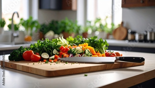 Freshly Chopped Vegetables On A Wooden Cutting Board Next To A Knife In A Bright Kitchen With Green Plants And Natural Light