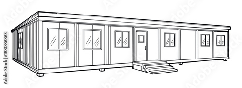 Long portable modular building serving as a temporary office solution for construction sites and industrial projects offering flexible mobile workspace and quick deployment