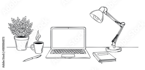 Simple black and white line drawing of a tidy workspace desk featuring a laptop, coffee, plant, and notebook, suitable for educational content, productivity themes, or office environment