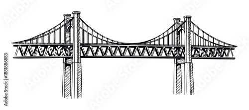 A striking handdrawn sketch of a sturdy suspension bridge featuring two tall towers and a distinctive truss structure, ideal for construction, engineering, travel, or infrastructure related
