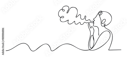 A continuous line drawing depicting a human profile exhaling abstract wavy shapes, symbolizing communication, thought, or creative expression, suitable for mental health, wellness, or