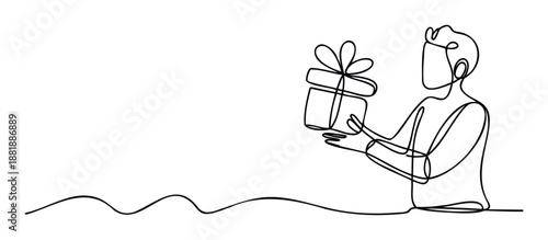 A continuous line drawing illustrating a person holding a wrapped gift box, perfect for conveying messages of giving, celebration, and special moments in marketing collateral and greeting