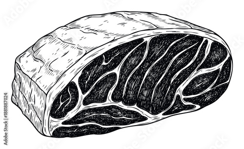 Detailed black and white engraving of a raw meat cut with intricate marbling textures ideal for culinary publications cooking blogs or food packaging