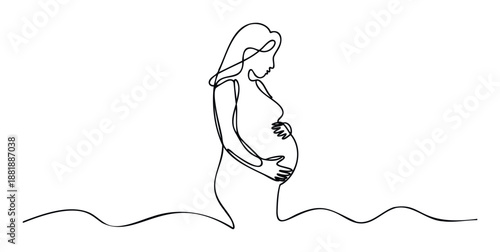 Elegant continuous line drawing of a pregnant woman gently caressing her belly, symbolizing maternal love and expectation, perfect for healthcare promotions or prenatal care resources