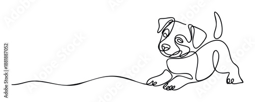 Minimalist continuous line drawing of a cute puppy resting playfully, ideal for petthemed branding, veterinary clinic promotions, or animal lover merchandise.