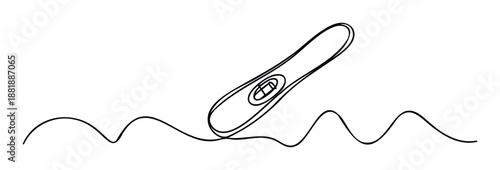 Continuous line drawing of a positive pregnancy test stick on a wavy line representing a journey, perfect for family planning, fertility, and new life concepts in healthcare marketing and