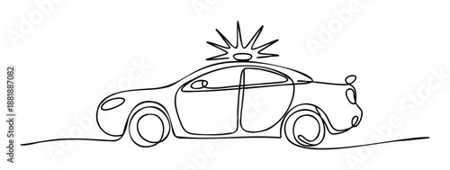 Dynamic continuous line drawing of a police patrol vehicle with a flashing siren, ideal for safety awareness campaigns, educational materials on law enforcement, or public service themes.