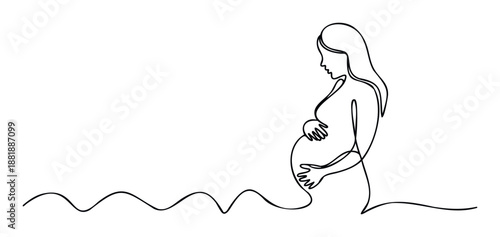 Expectant mother drawn in a fluid continuous line style, celebrating pregnancy and motherhood, ideal for maternity, healthcare, and familyrelated content.