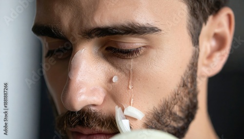 Close Up Of A Sweaty Man Crying While Chopping Onions With Tears Running Down His Face And Small Onion Pieces On His Skin
