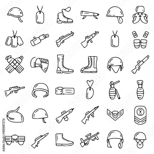 Line art depiction of various military equipment and protective gear items