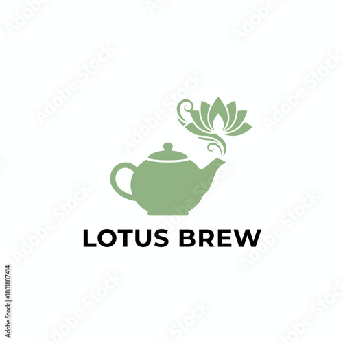 A teapot with lotus flower steam icon for herbal tea house or wellness spa branding projects with the text Lotus Brew at the bottom.