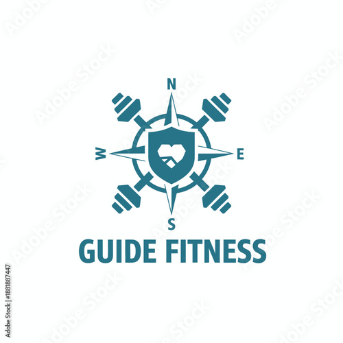 Compass icon combined with barbells and a heart shield for gym navigation or health coaching branding projects titled Guide Fitness.