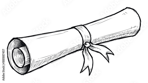 Hand drawn sketch of a rolled certificate or diploma tied with a decorative ribbon, symbolizing academic achievement, important recognition, or successful completion, ideal for educational