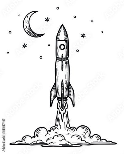 Rocket launching into space towards the crescent moon and stars, perfect for inspiring science, exploration, and achievement themed educational materials or wall decals