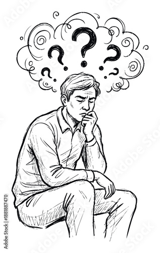 Thoughtful adult man sitting with question marks above his head representing uncertainty, doubt, and complex decision making challenges