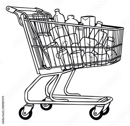 Hand drawn style black and white depiction of a full grocery shopping cart suitable for illustrating consumer purchasing habits, retail business concepts, and economic themes