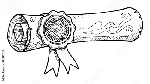 A handdrawn black and white sketch of a rolled parchment scroll sealed with a decorative wax stamp and ribbon, perfect for educational content, achievement awards, historical themes, or