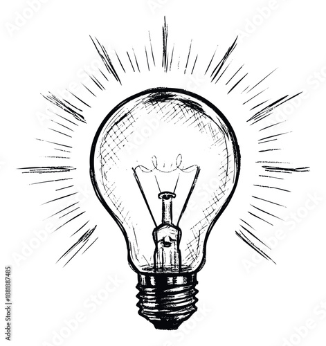 Black and white sketch of an illuminated light bulb representing a brilliant idea or solution for conceptual designs and inspirational projects