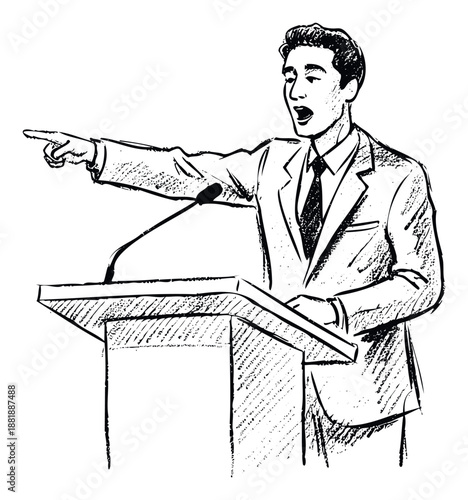 A man in a suit passionately delivering a speech from a lectern with a microphone, pointing his finger to emphasize a point, perfect for illustrating public address and persuasive
