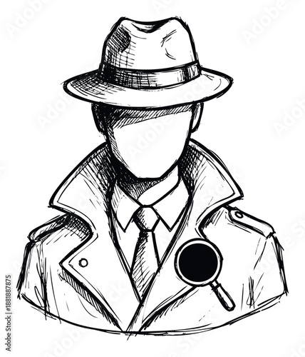 Classic black and white sketch of a mysterious anonymous detective or private investigator in a trench coat and fedora hat with a magnifying glass badge, suitable for crime fiction, game