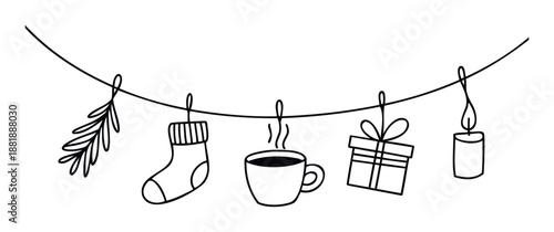 Charming black outline winter holiday garland featuring a fir branch, cozy sock, steaming mug, wrapped gift, and glowing candle for festive greeting posters and seasonal print media