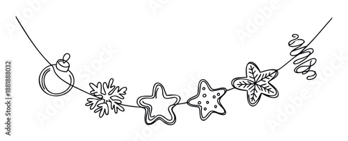 Seasonal Christmas garland with various festive ornaments like a bauble, snowflake, and star cookies, perfect for holiday greetings, winter celebrations, or cheerful event invitations.