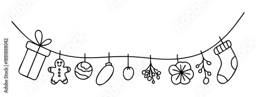 Simple hand drawn outline of various Christmas and winter holiday ornaments hanging on a festive string for seasonal decorations or invitation graphics