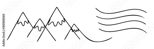 Simple hand drawn mountain range line art with wavy wind trails is ideal for outdoor adventure themes, travel blogs, nature documentaries, or childrens books