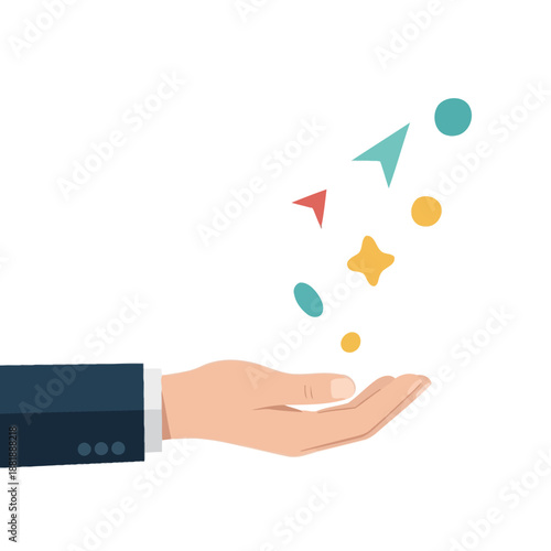 A hand in a suit sleeve holding abstract colorful shapes floating above it, representing ideas or creativity.