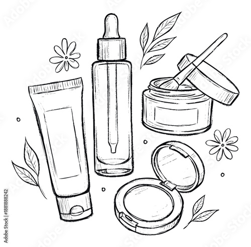 Hand drawn black outline cosmetic product set including serum dropper bottle, cream tube, powder compact, and face mask jar with botanical elements for packaging.